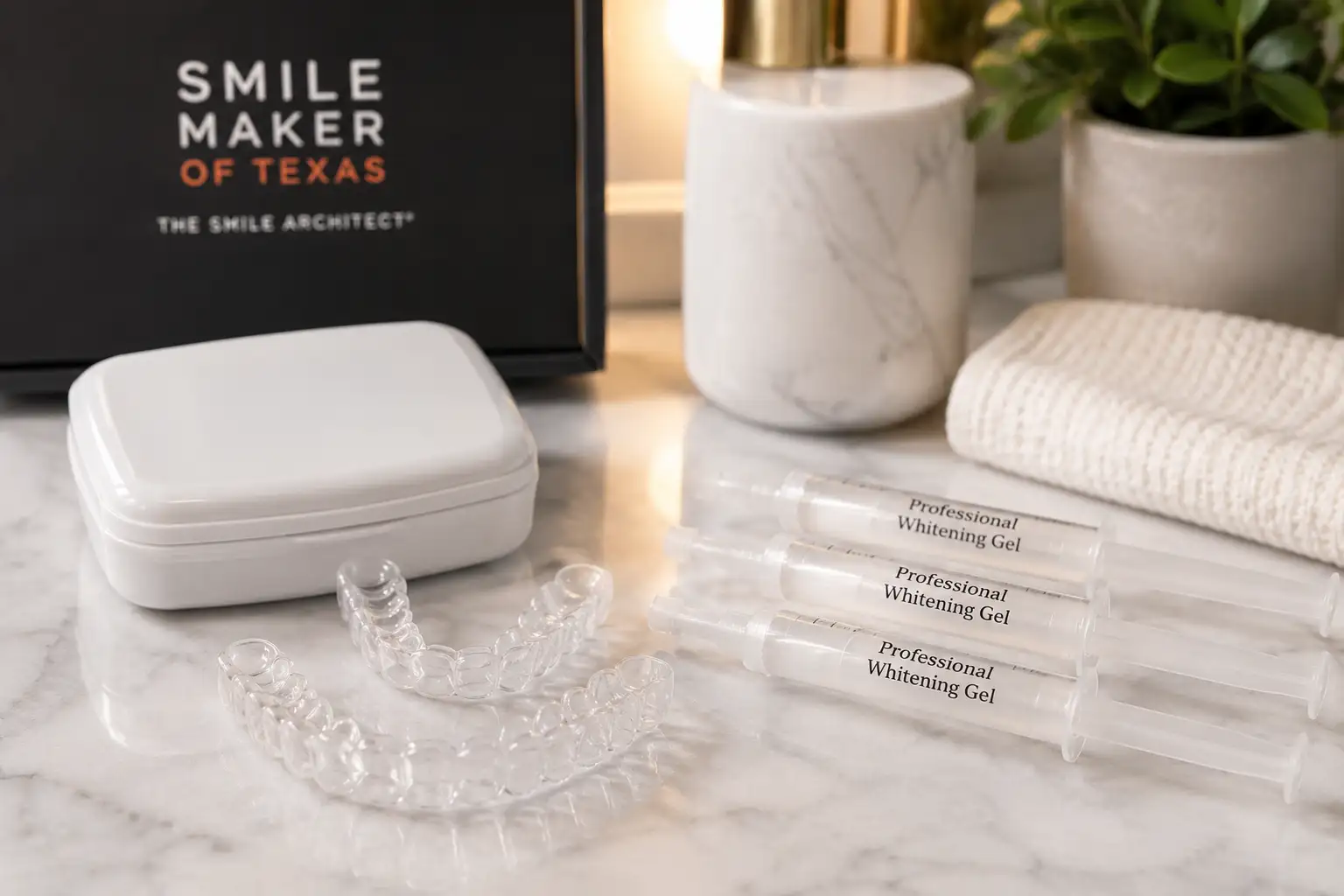 Before and after take-home teeth whitening trays result by Dr. Beougher, Dallas