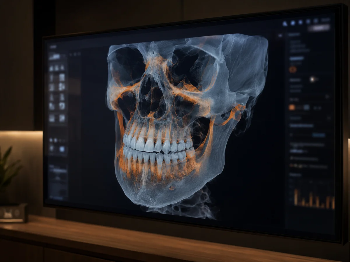 A 3D CBCT reconstruction of a patient's skull and jaw used for dental implant planning in Plano, TX