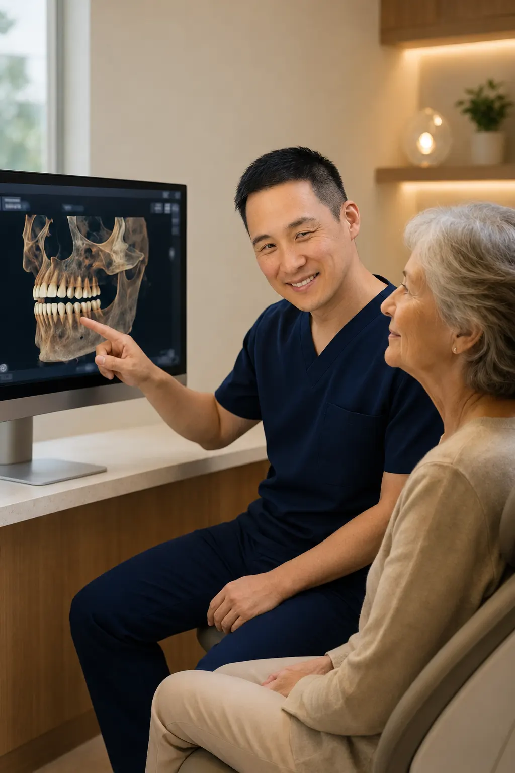 A clinician reviewing a 3D dental implant scan with a patient at Smile Maker of Texas in Plano, TX