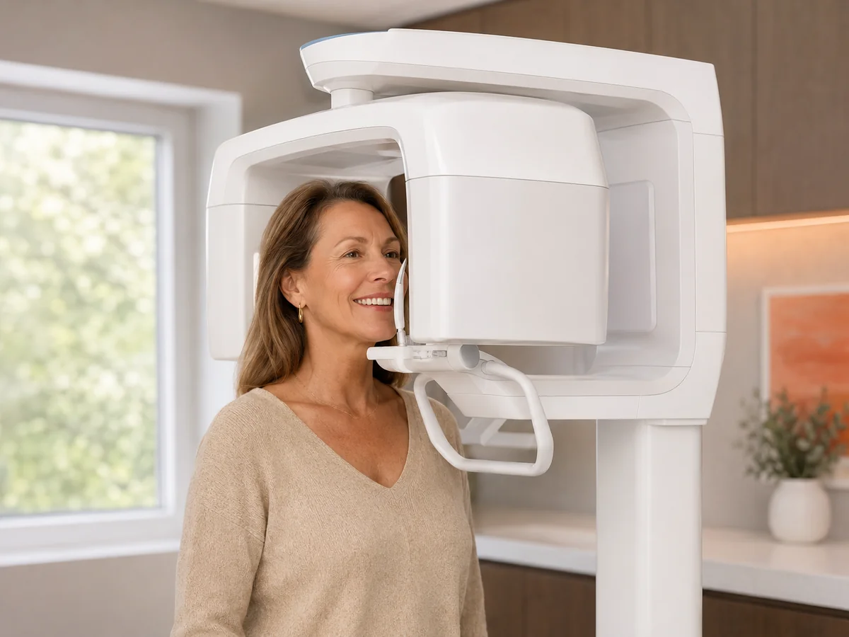 A patient being positioned in the R2 Studio Q 3D dental scanner in Plano, Texas