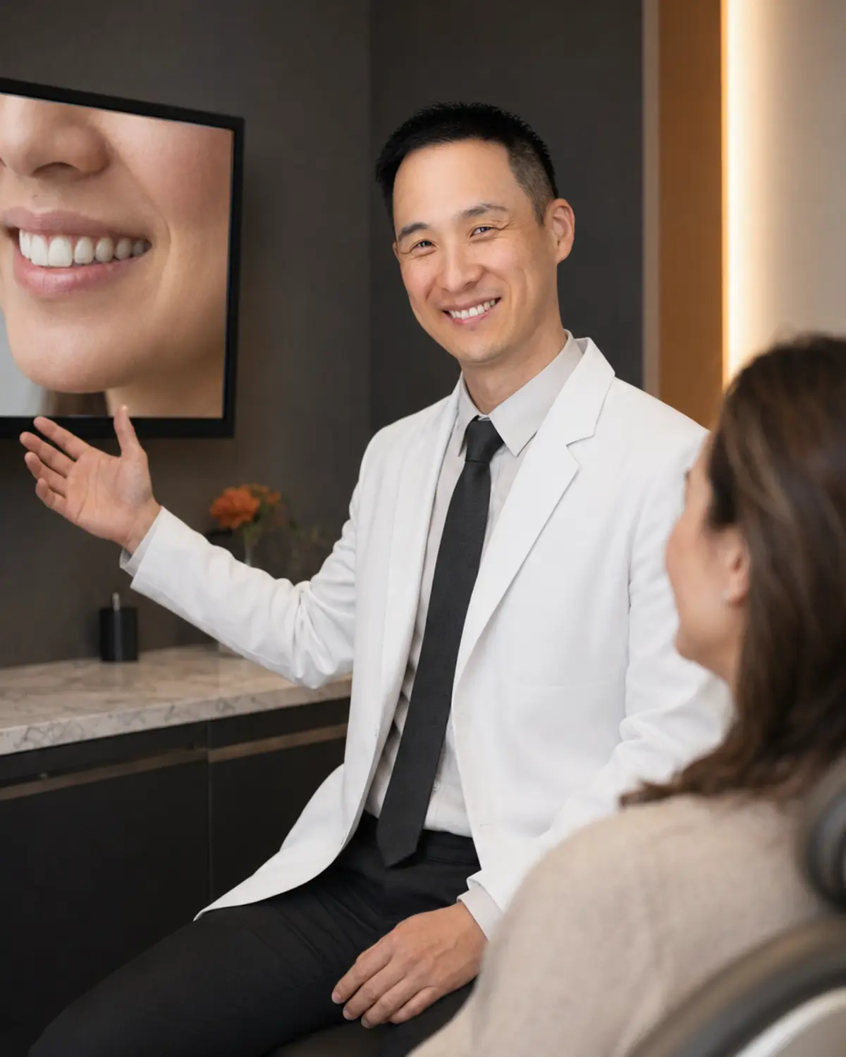 A dentist discussing laser gum treatment with a patient at a Plano, Texas dental office