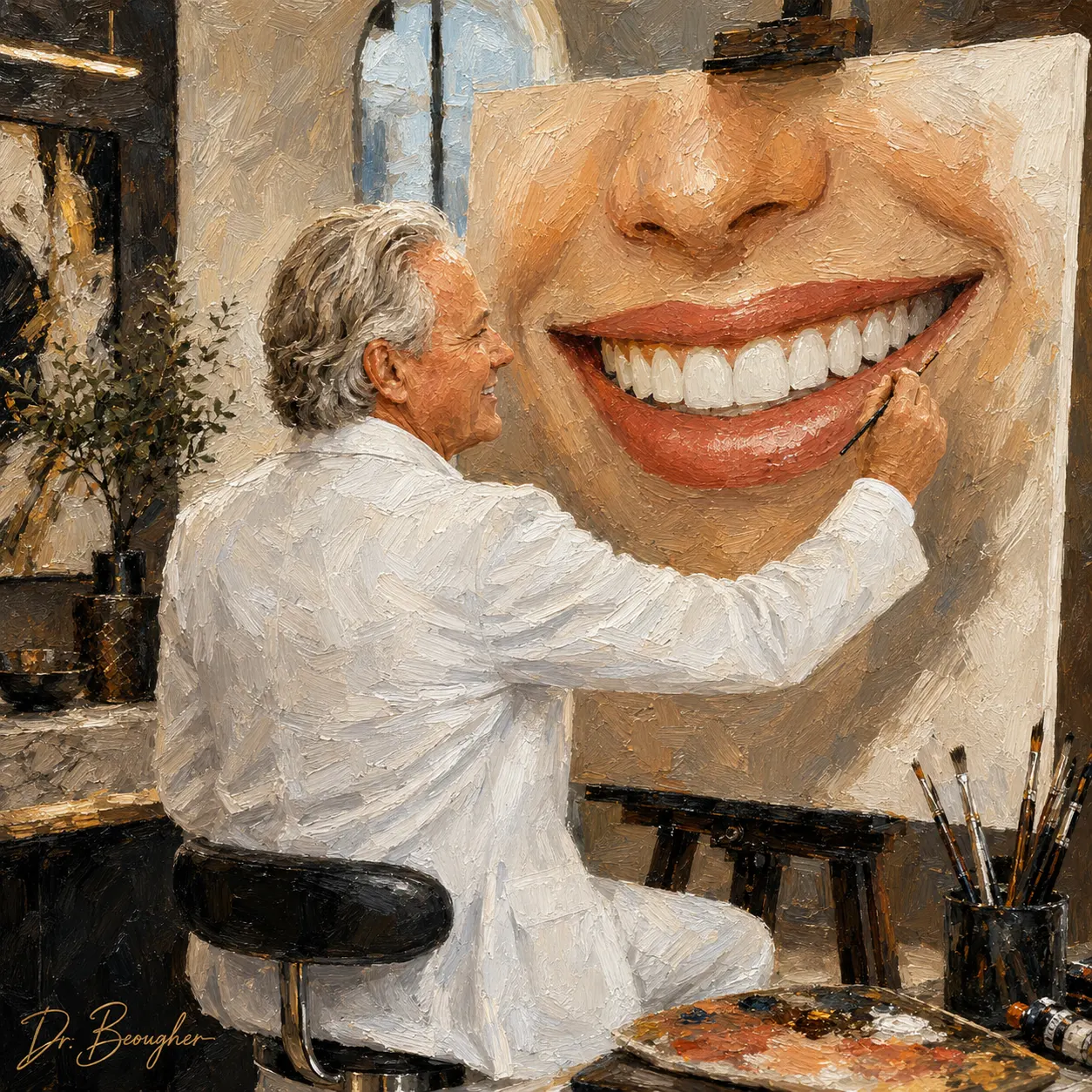 Dr. Ritchie Beougher painting a smile at his easel — the artist behind the SmileLift™