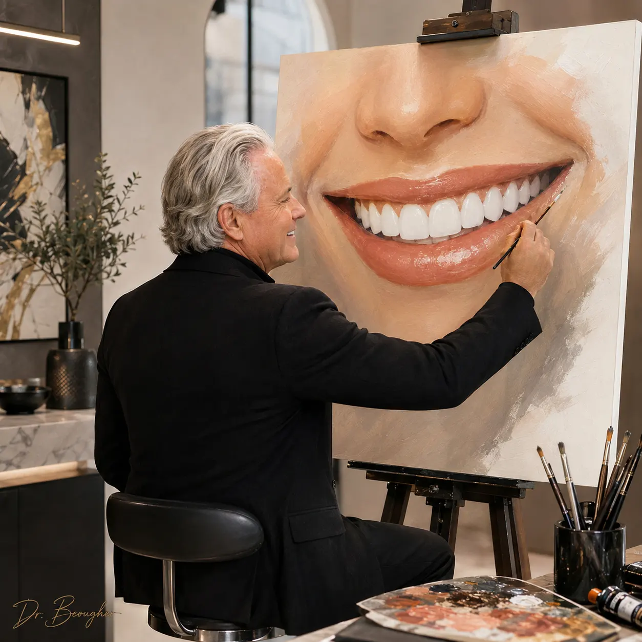 A triple self-portrait painting by Dr. Ritchie Beougher, cosmetic dentist and portrait artist in Plano, TX
