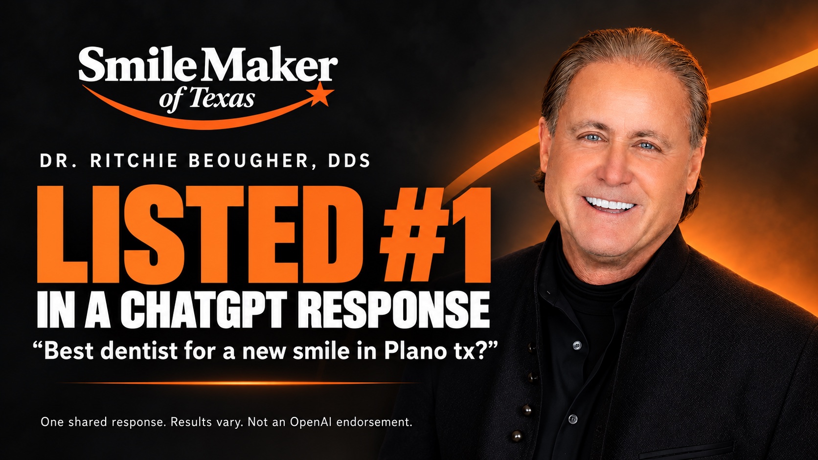 Dr. Ritchie Beougher listed first in a shared ChatGPT response about a new smile in Plano. Results vary; not an OpenAI endorsement.
